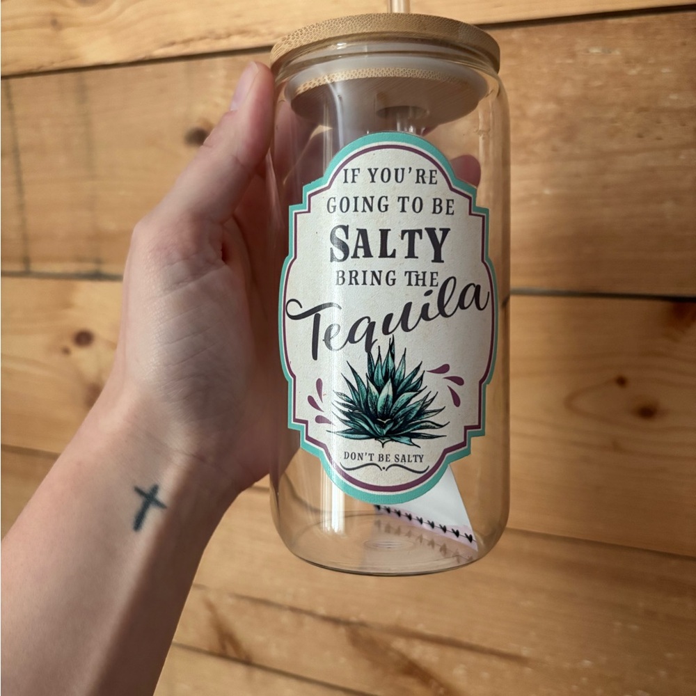 Tequila Themed Glass Tumbler with Bamboo Lid